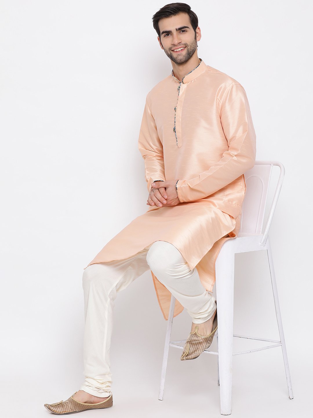 Men's Peach Silk Kurta Pyjama Set - Vastramay