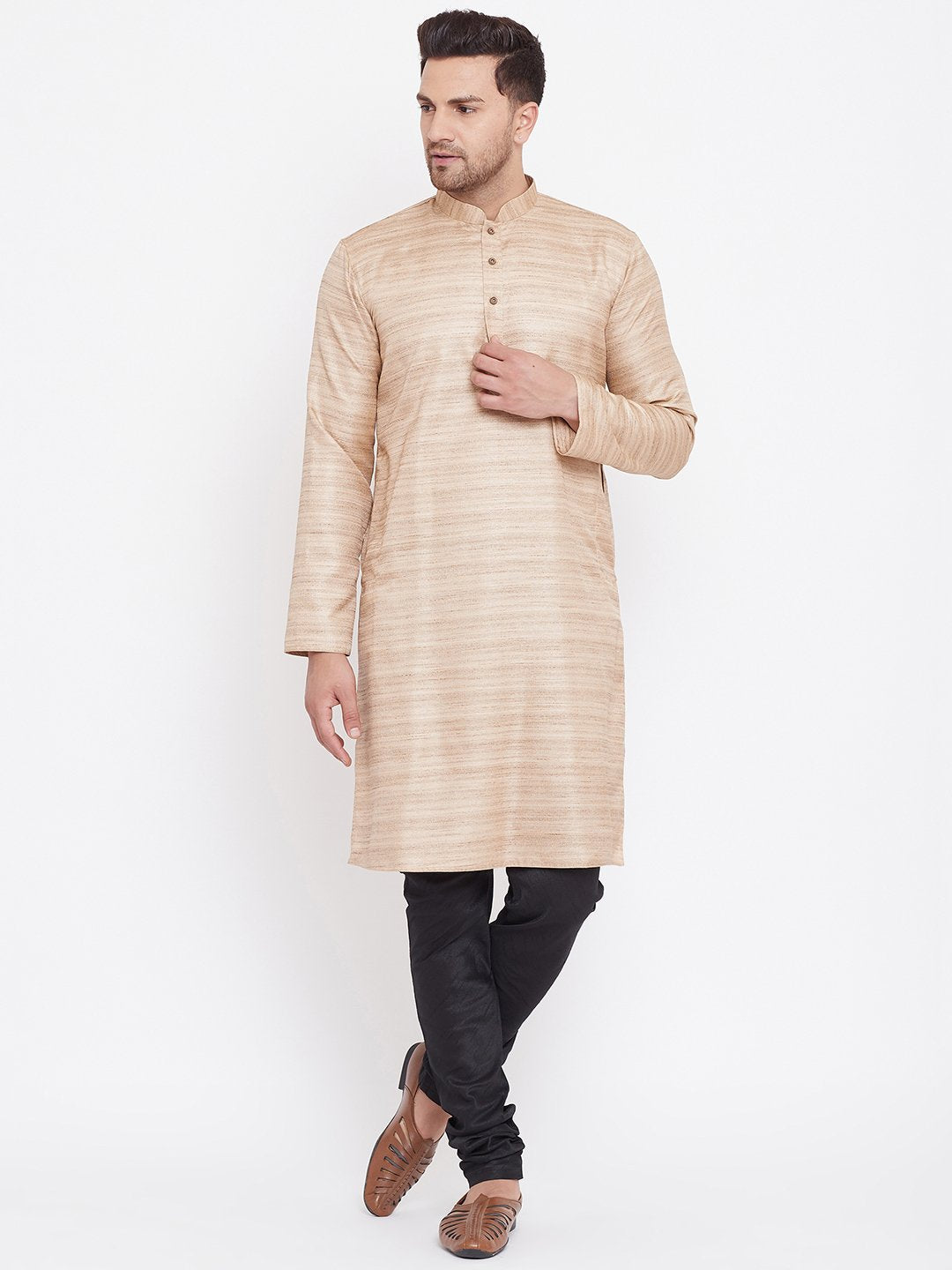 Men's Beige And Black Silk Blend Kurta Pyjama Set