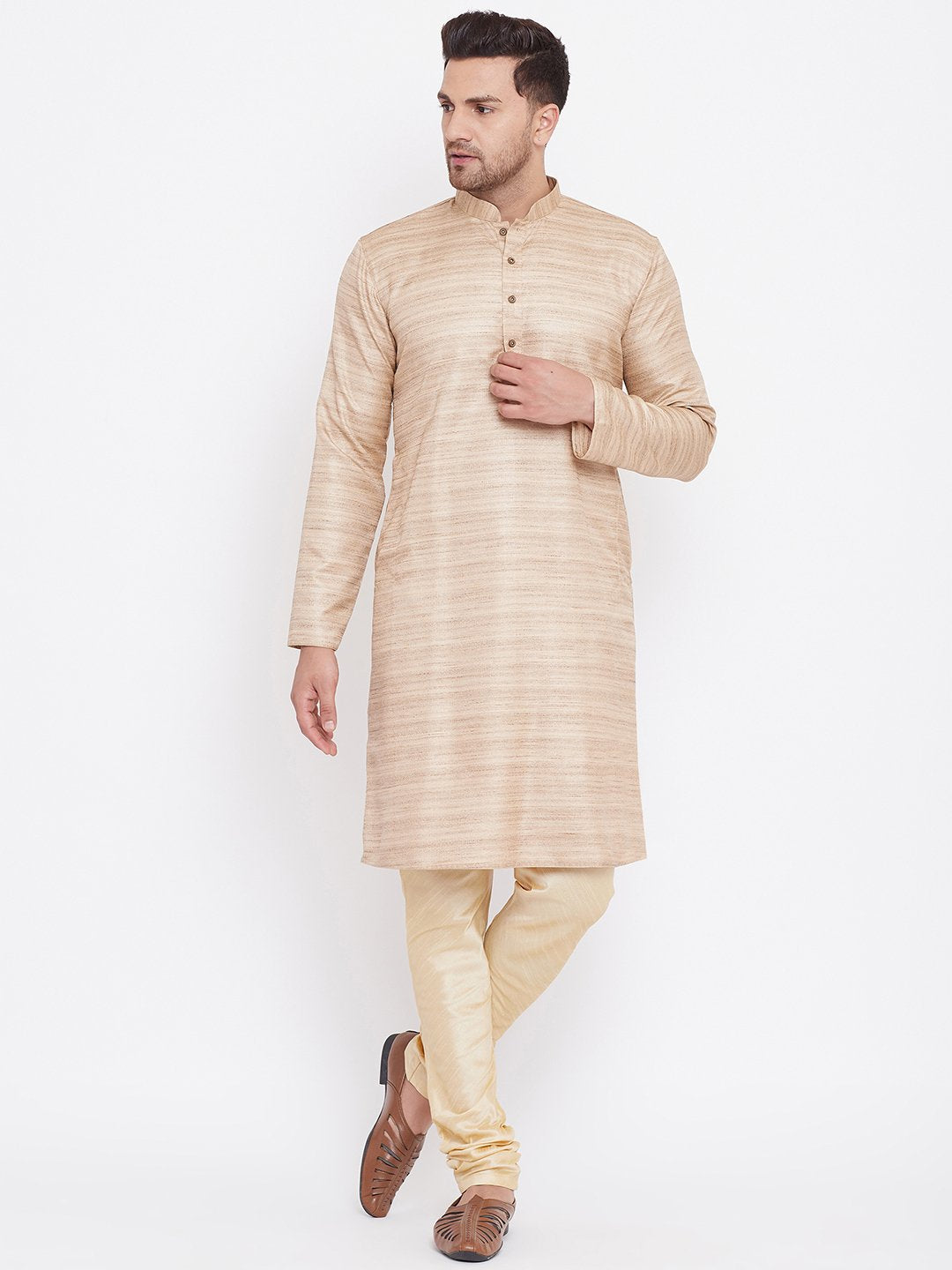 Men's Beige And Gold Silk Blend Kurta Pyjama Set