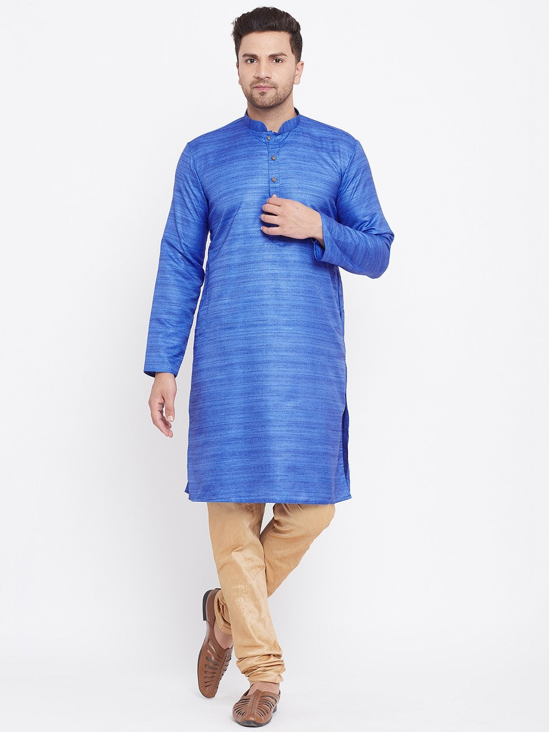 Men's Blue And Rose Gold Silk Blend Kurta Pyjama Set
