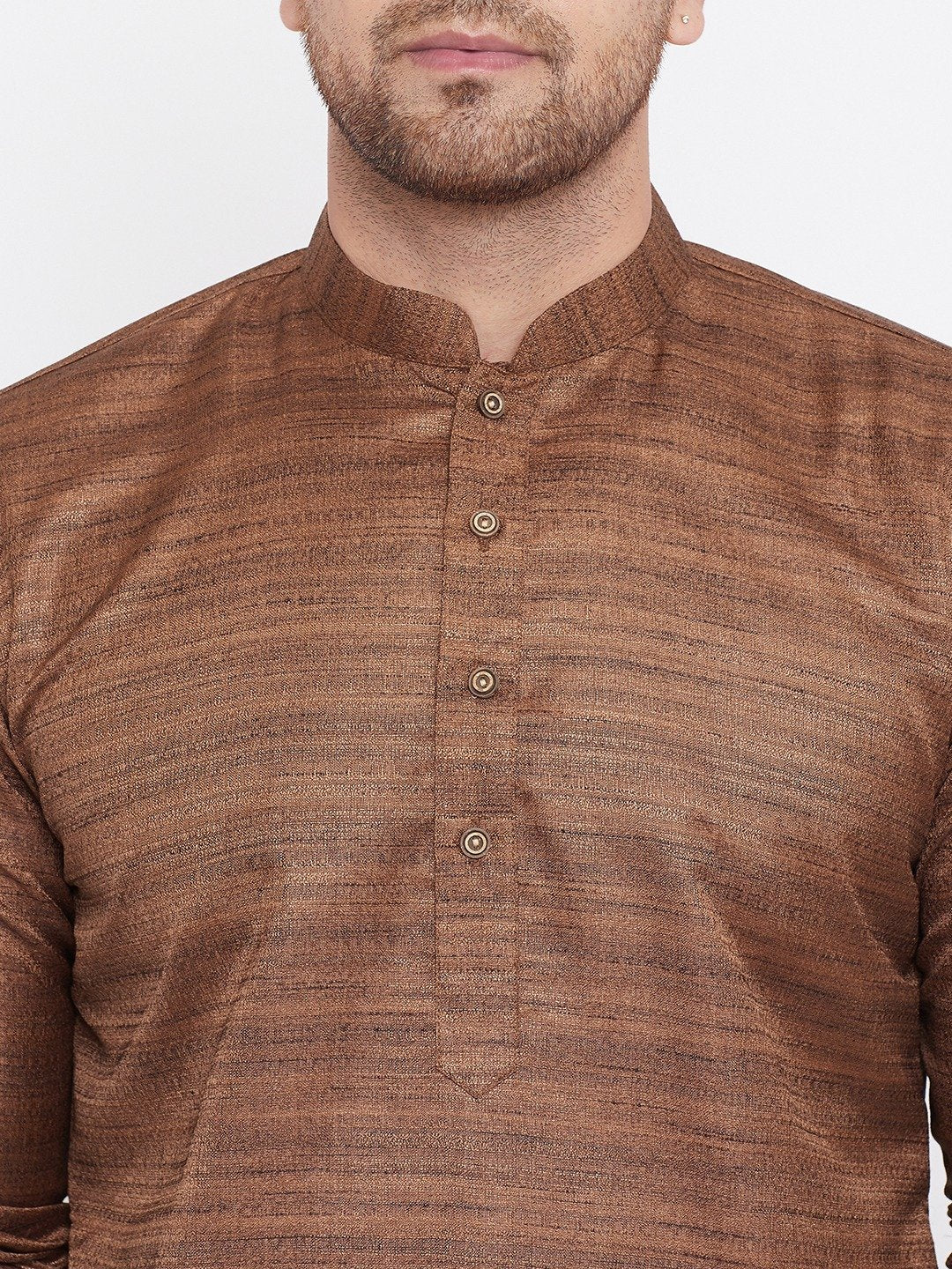Men's Coffee Brown And Gold Silk Blend Kurta Pyjama Set