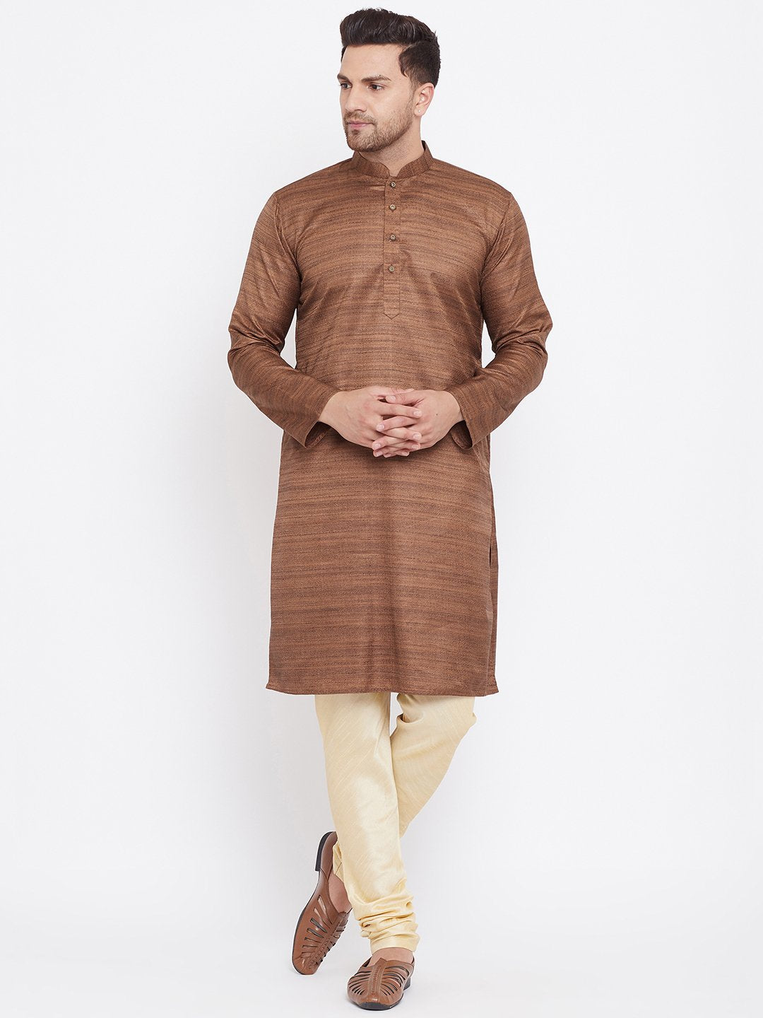 Men's Coffee Brown And Gold Silk Blend Kurta Pyjama Set