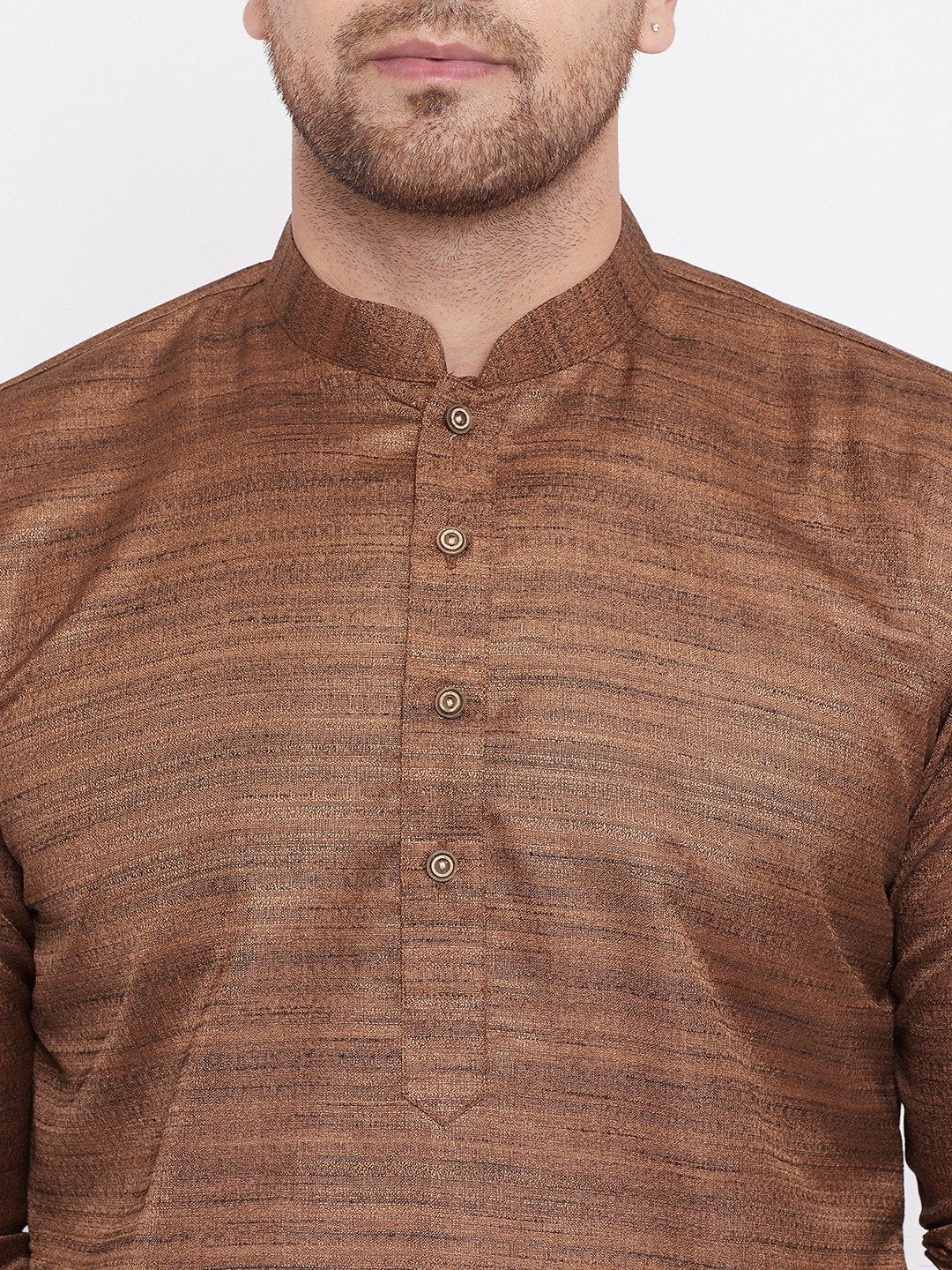 Men's Coffee Brown And Rose Gold Silk Blend Kurta Pyjama Set