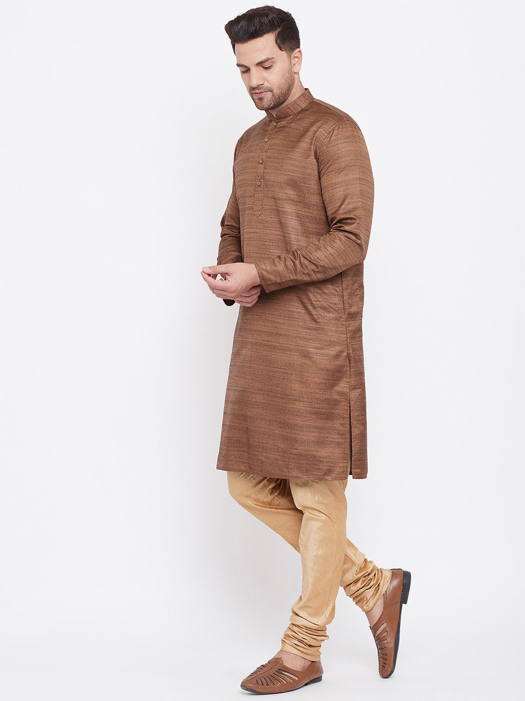 Men's Coffee Brown And Rose Gold Silk Blend Kurta Pyjama Set