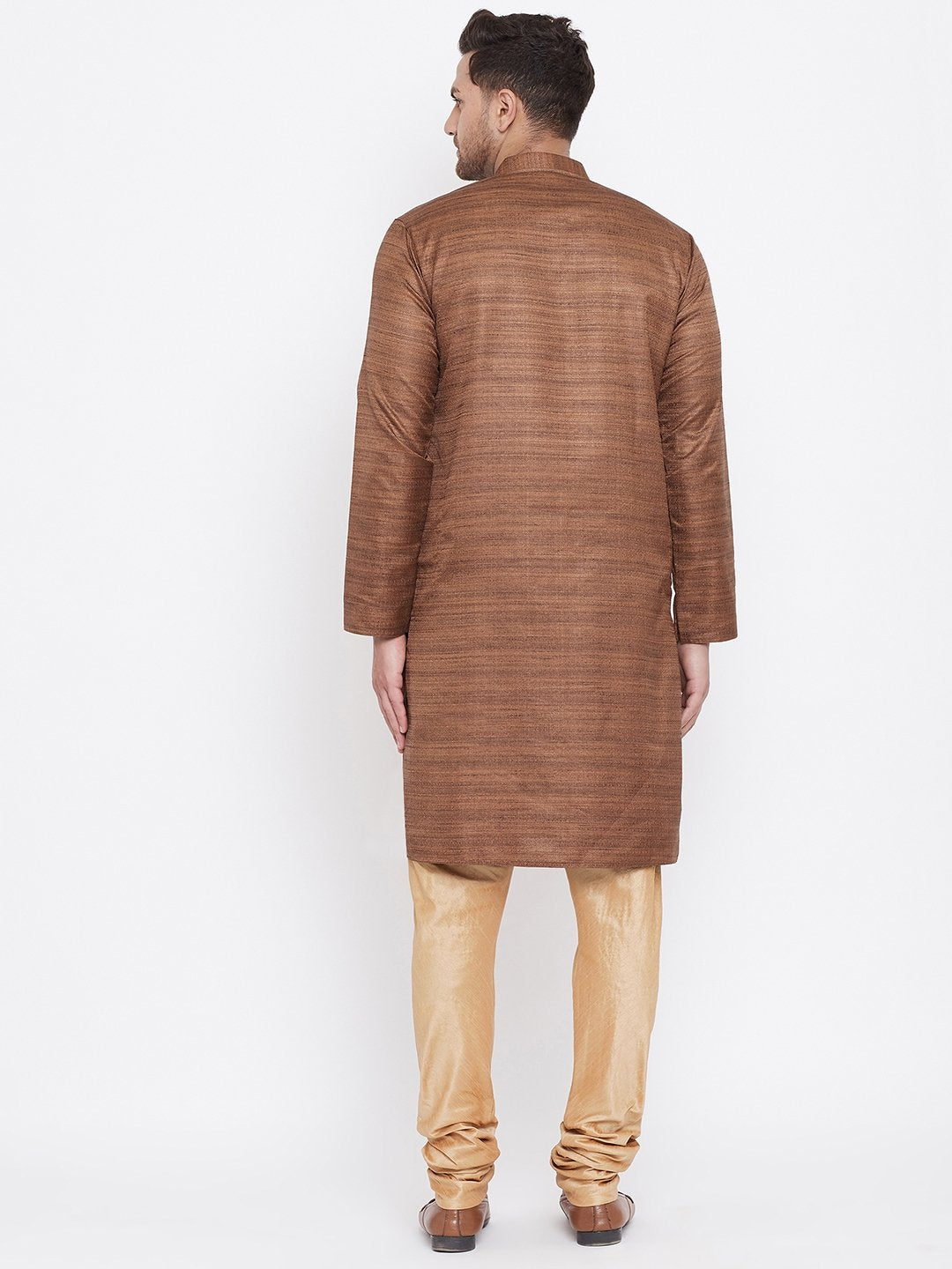 Men's Coffee Brown And Rose Gold Silk Blend Kurta Pyjama Set
