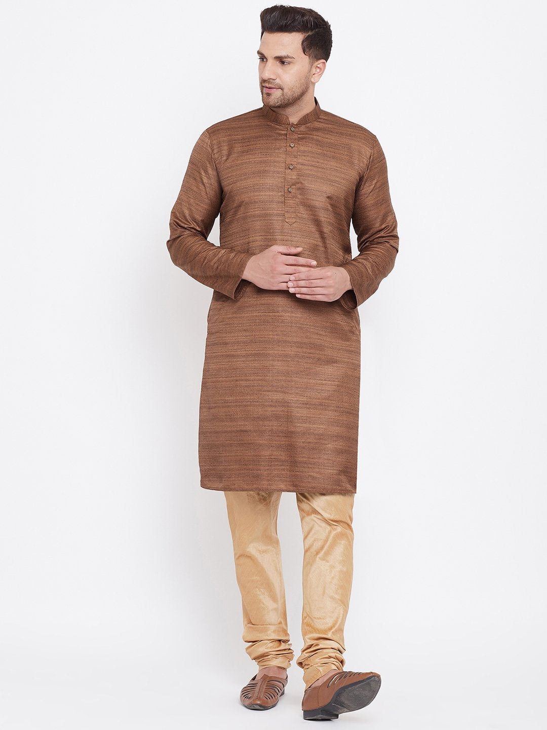 Men's Coffee Brown And Rose Gold Silk Blend Kurta Pyjama Set