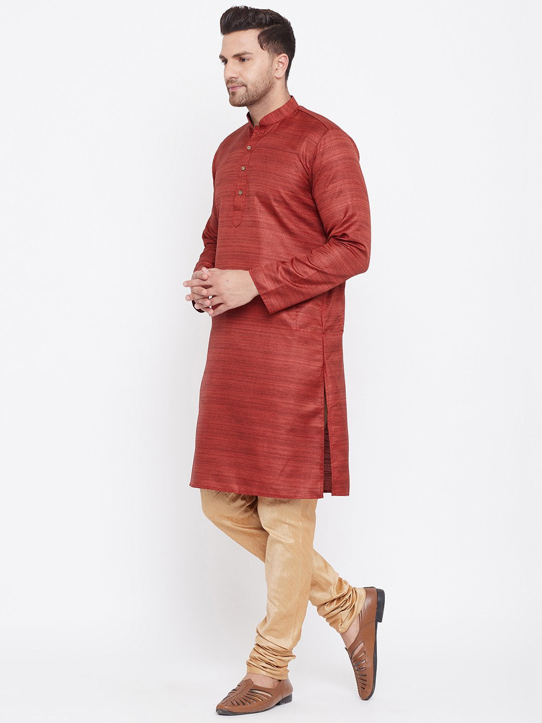 Men's Maroon And Rose Gold Silk Blend Kurta Pyjama Set