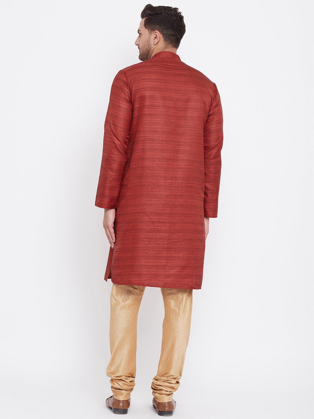 Men's Maroon And Rose Gold Silk Blend Kurta Pyjama Set