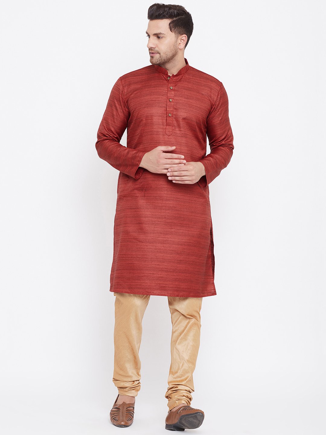 Men's Maroon And Rose Gold Silk Blend Kurta Pyjama Set