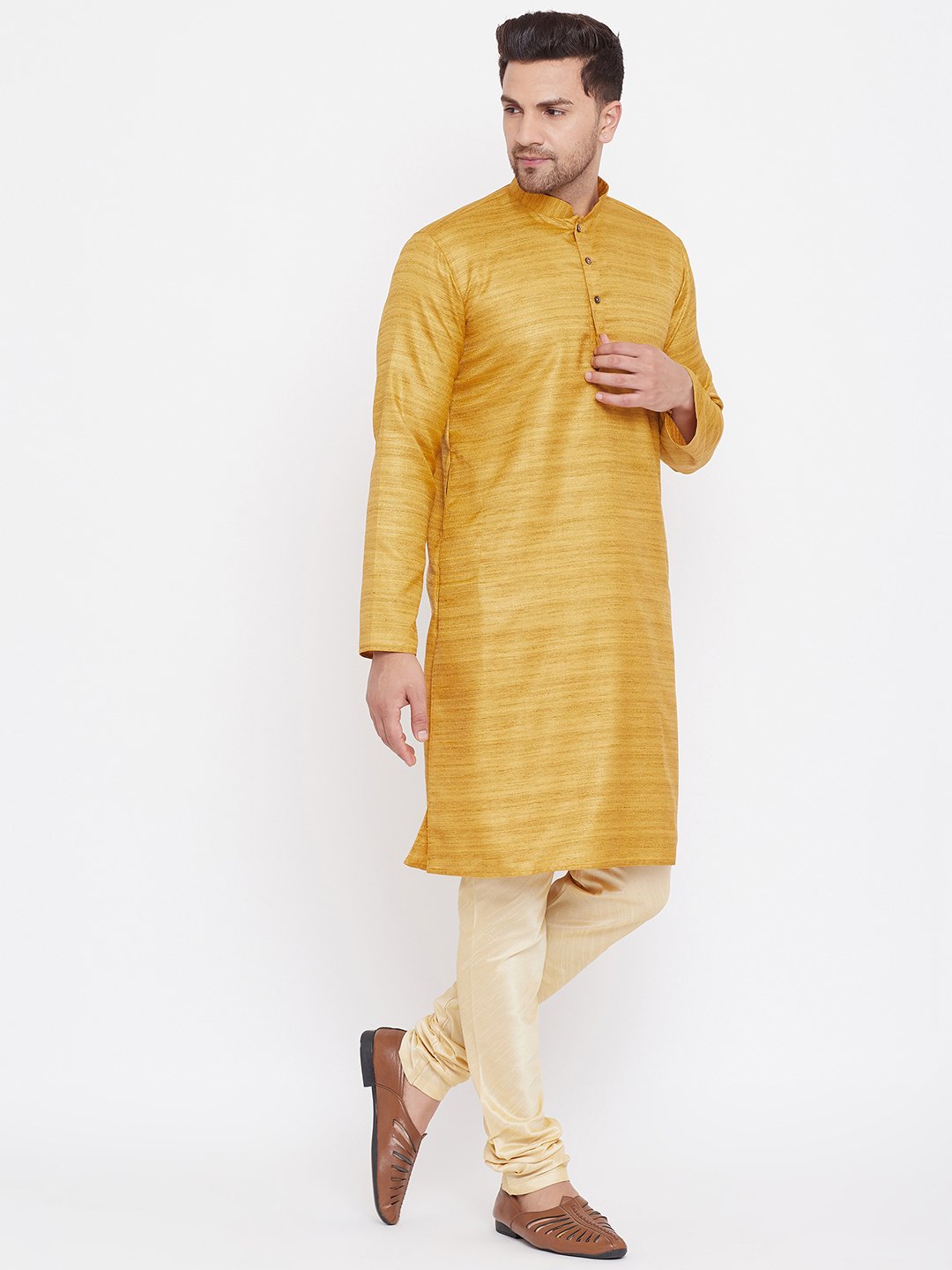 Men's Mustard And Gold Silk Blend Kurta Pyjama Set