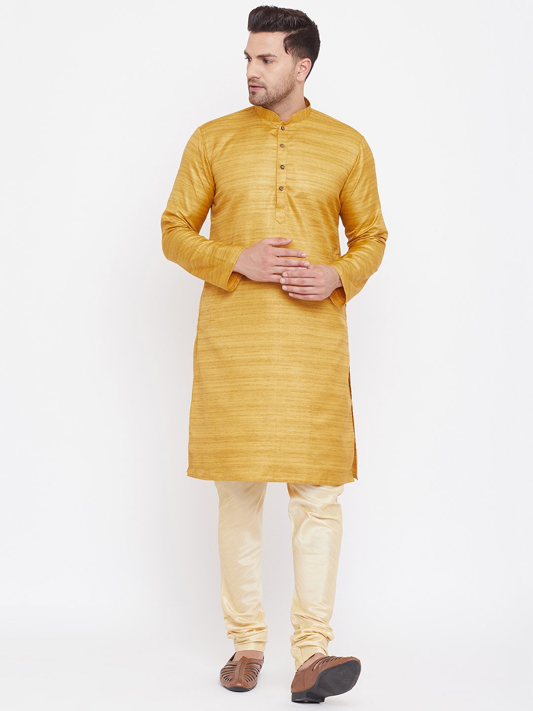 Men's Mustard And Gold Silk Blend Kurta Pyjama Set