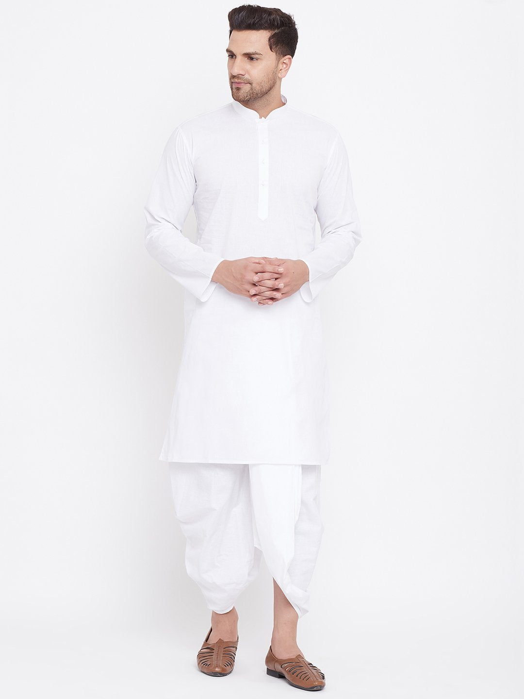 Men's White Cotton Kurta And Dhoti Set - Vastramay
