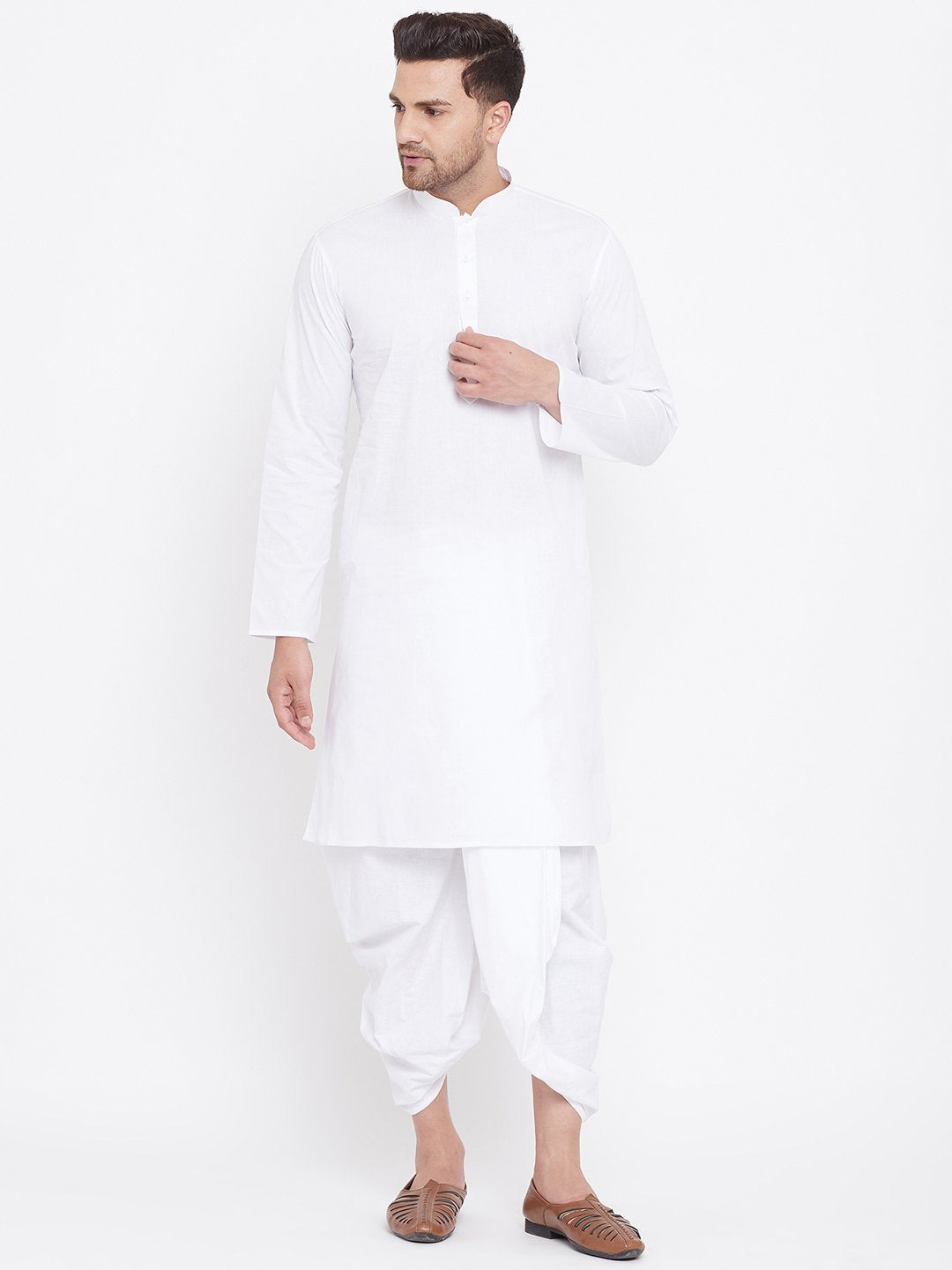 Men's White Cotton Kurta And Dhoti Set - Vastramay