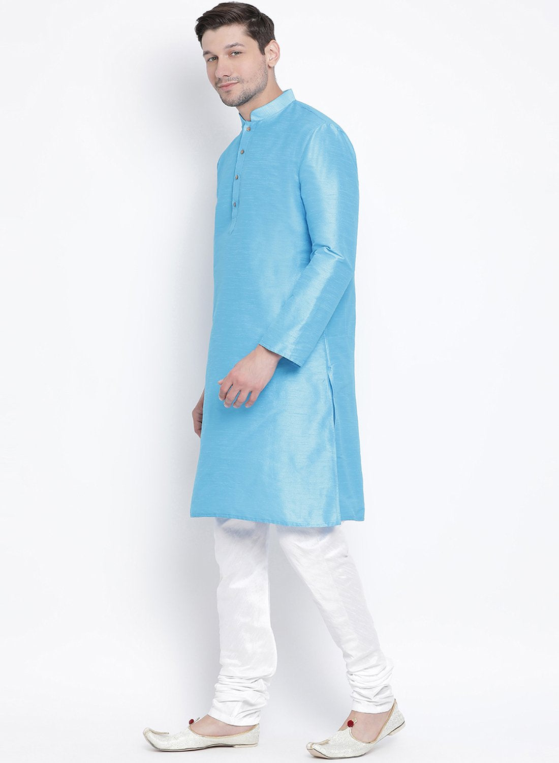 Men's Light Blue Cotton Silk Blend Kurta and Pyjama Set