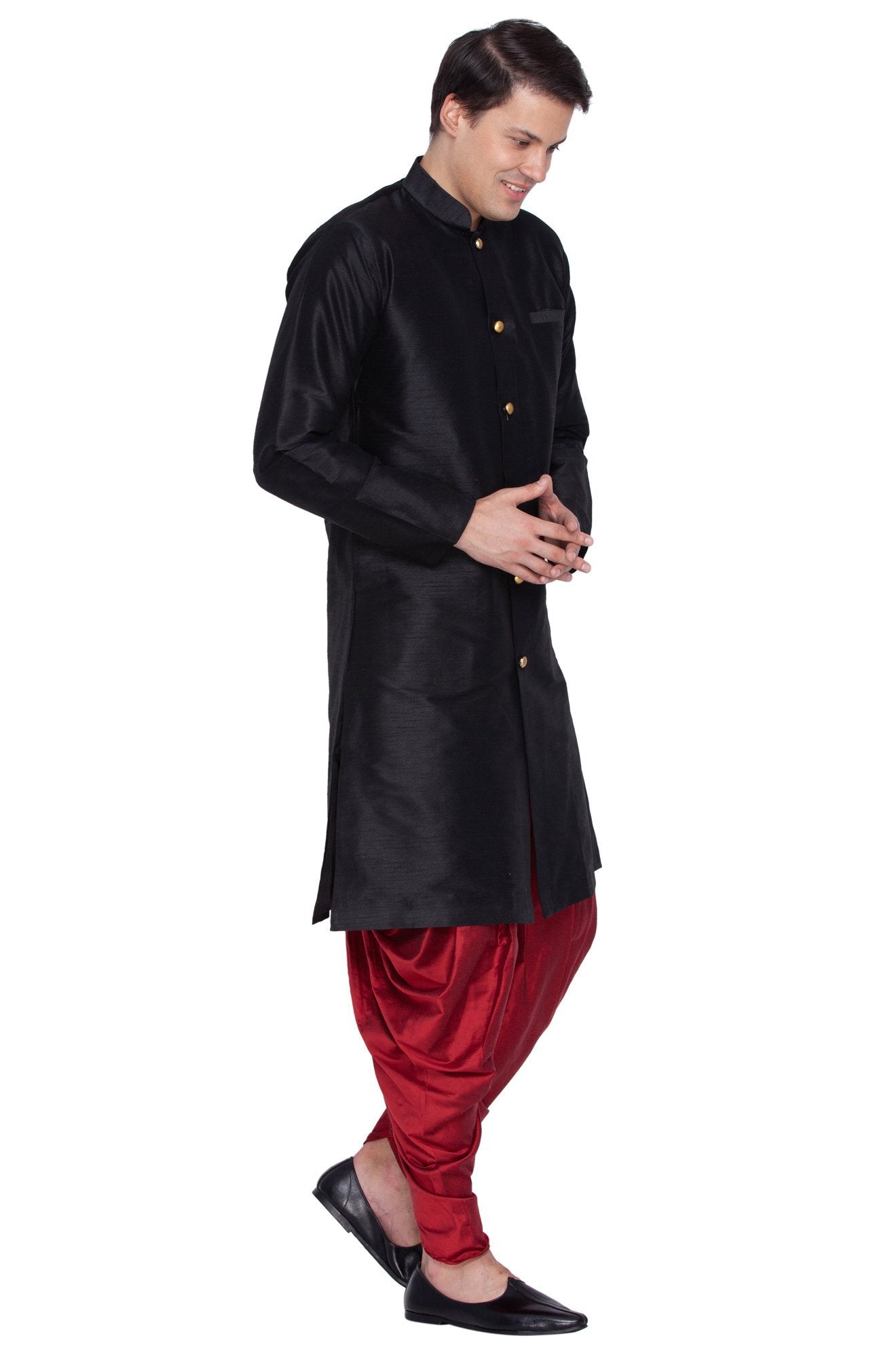Men's Black Cotton Silk Blend Sherwani Set