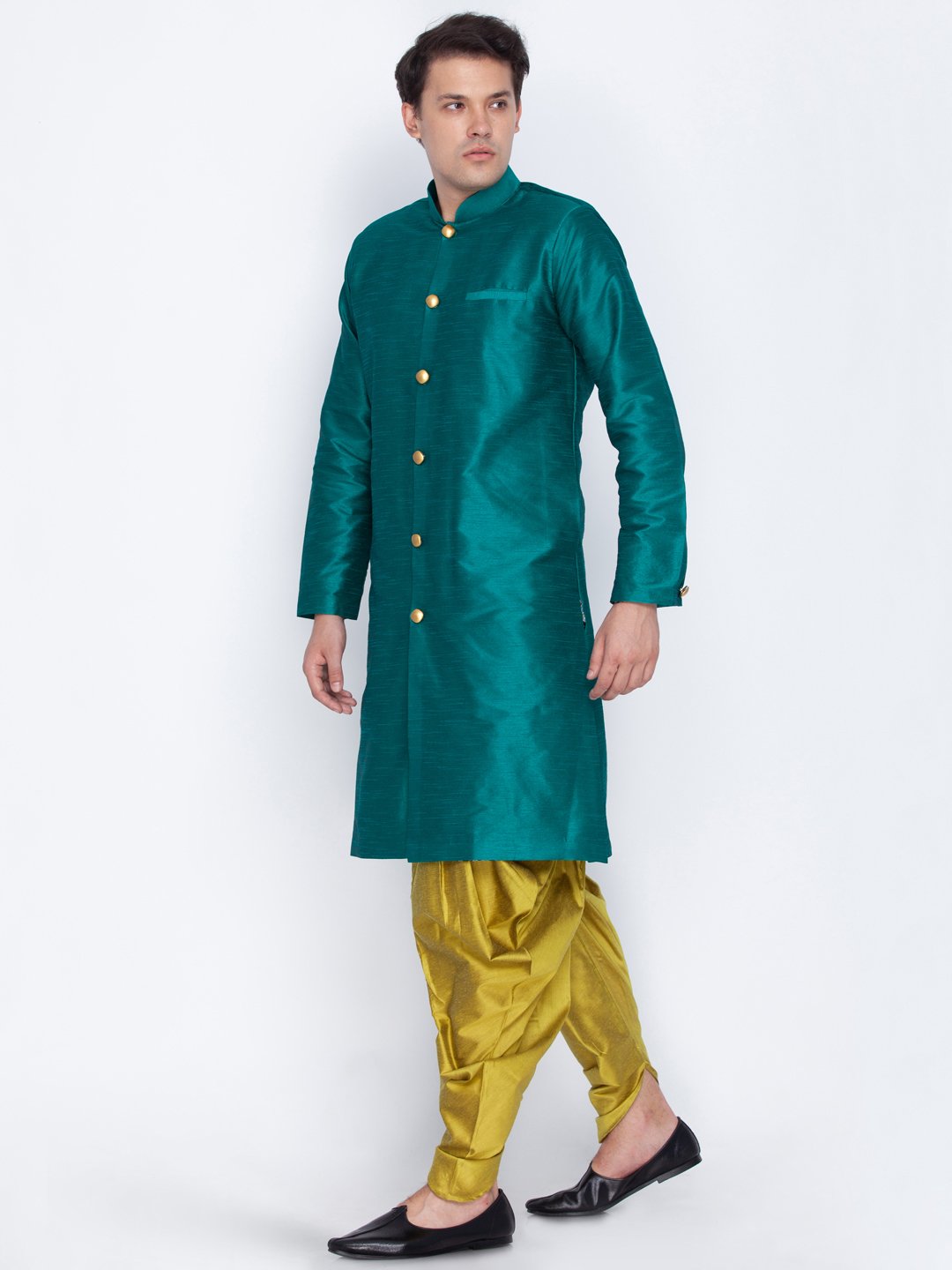 Men's Green Cotton Silk Blend Sherwani Set