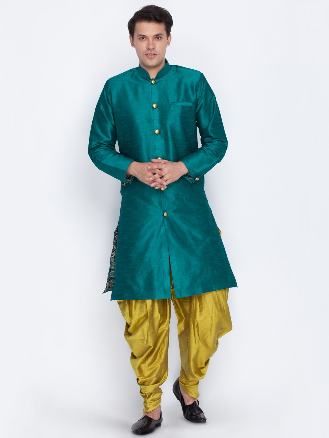 Men's Green Cotton Silk Blend Sherwani Set