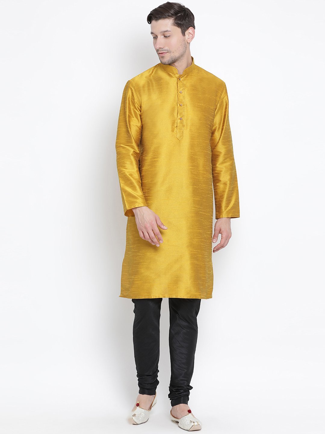 Men's Yellow Silk Blend Kurta and Pyjama Set - Vastramay