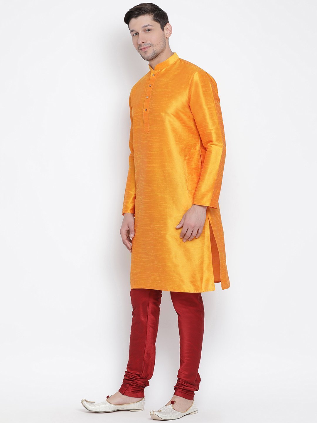 Men's Orange Silk Blend Kurta and Pyjama Set - Vastramay