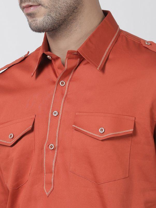 Men's Orange Cotton Blend Pathani Suit Set