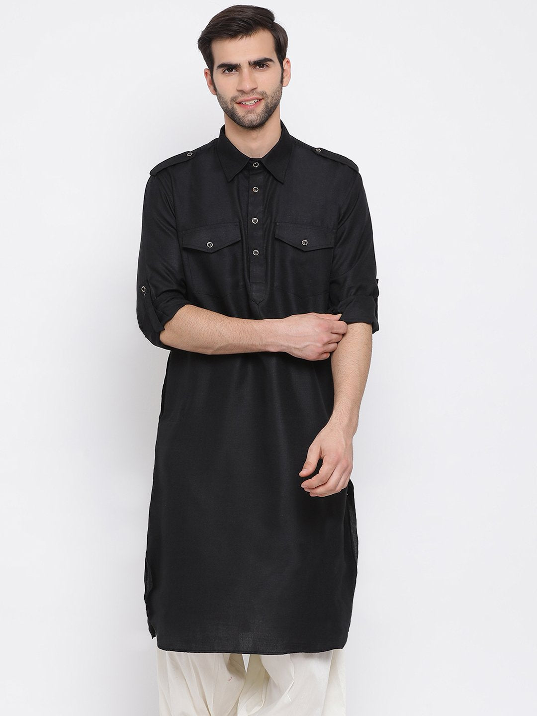 Men's Black Cotton Blend Pathani Style Kurta - Vastramay