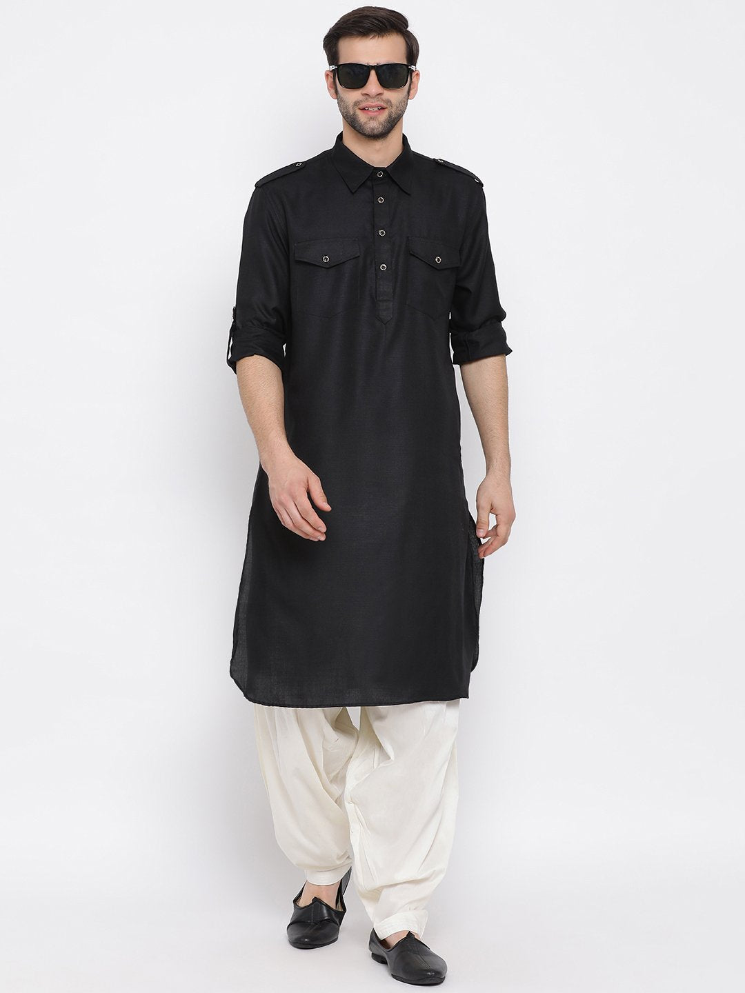 Men's Black Cotton Blend Pathani Style Kurta - Vastramay