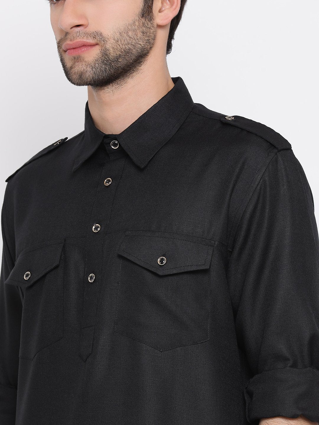 Men's Black Cotton Blend Pathani Suit Set - Vastramay