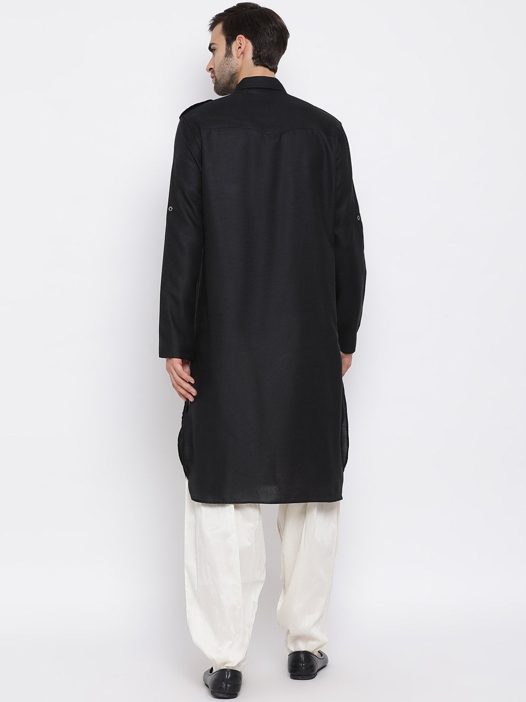 Men's Black Cotton Blend Pathani Suit Set - Vastramay