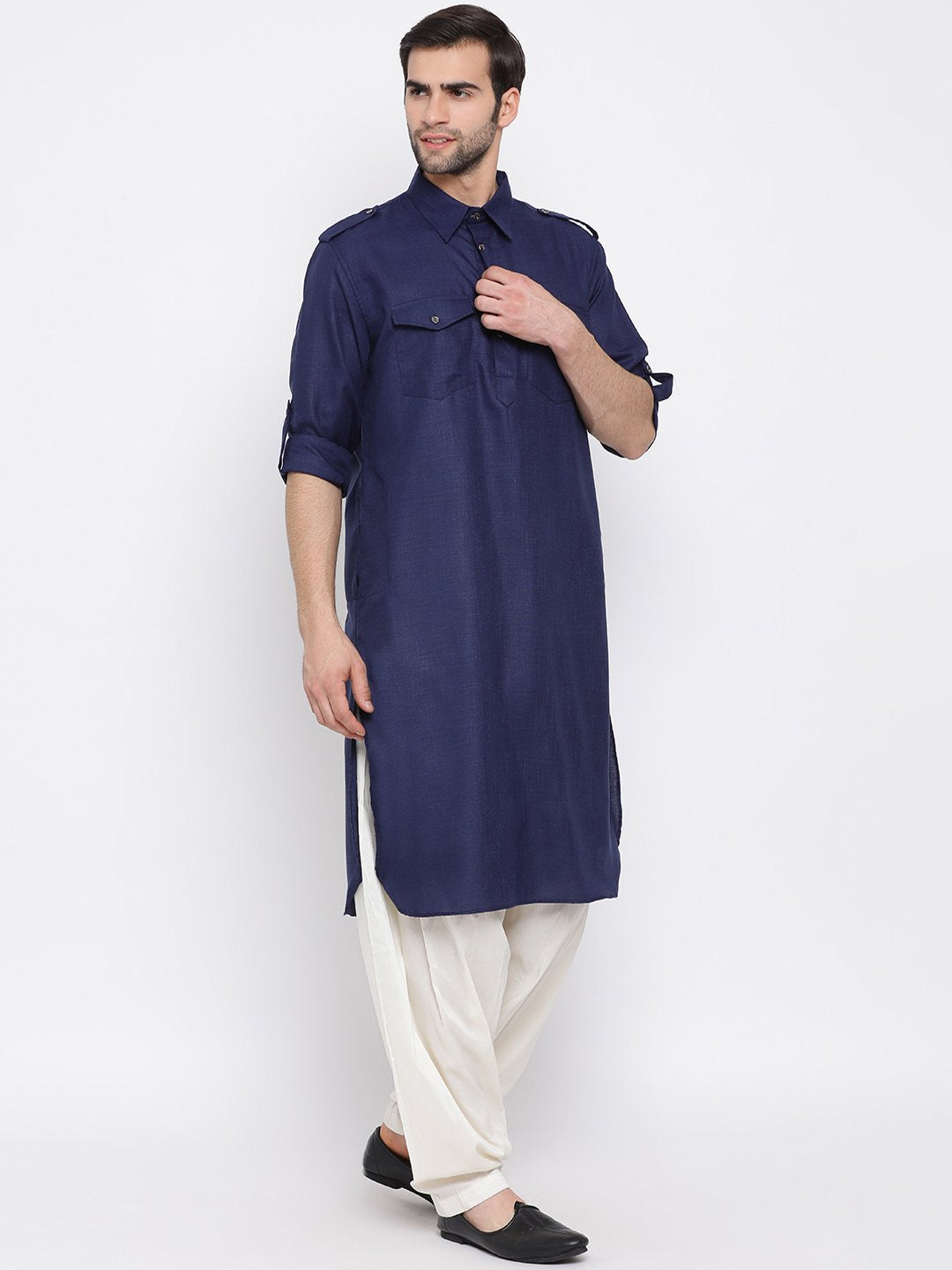 Men's Blue Cotton Blend Pathani Suit Set - Vastramay