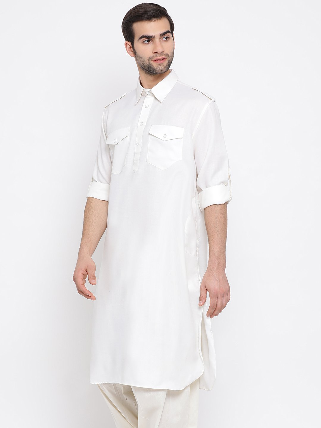 Men's Cream Cotton Blend Pathani Style Kurta - Vastramay