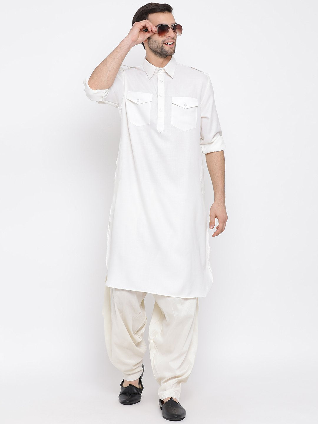 Men's Cream Cotton Blend Pathani Suit Set - Vastramay