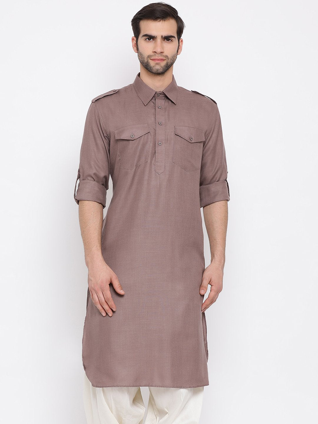 Men's Grey Cotton Blend Pathani Style Kurta - Vastramay