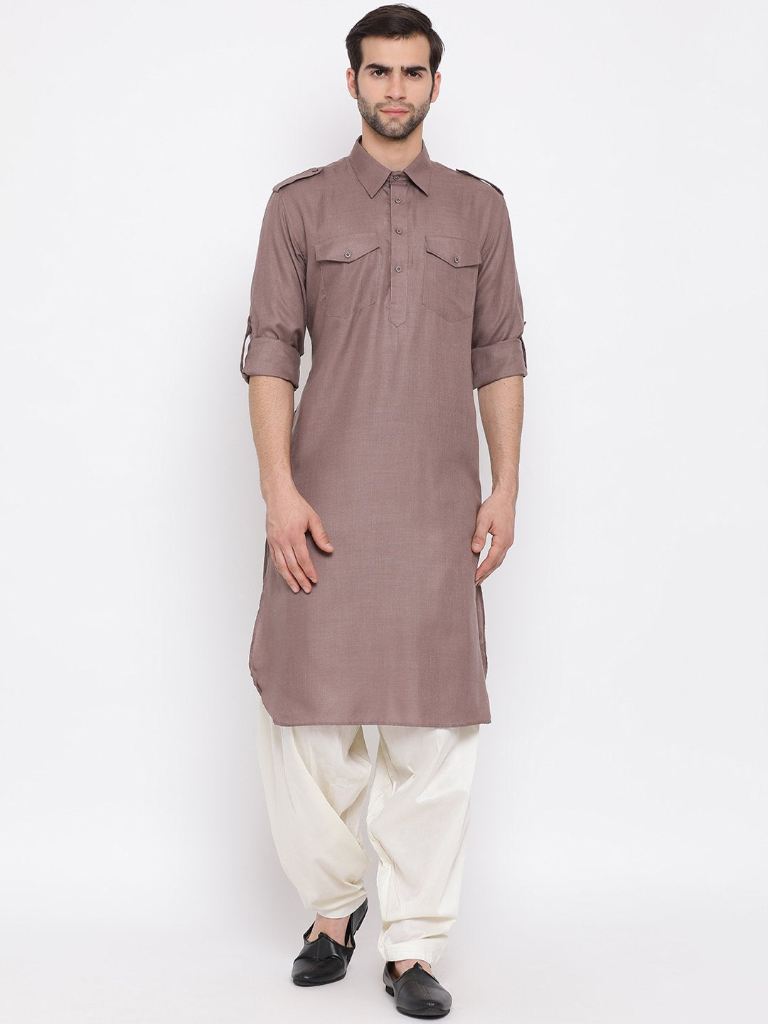 Men's Grey Cotton Blend Pathani Suit Set - Vastramay