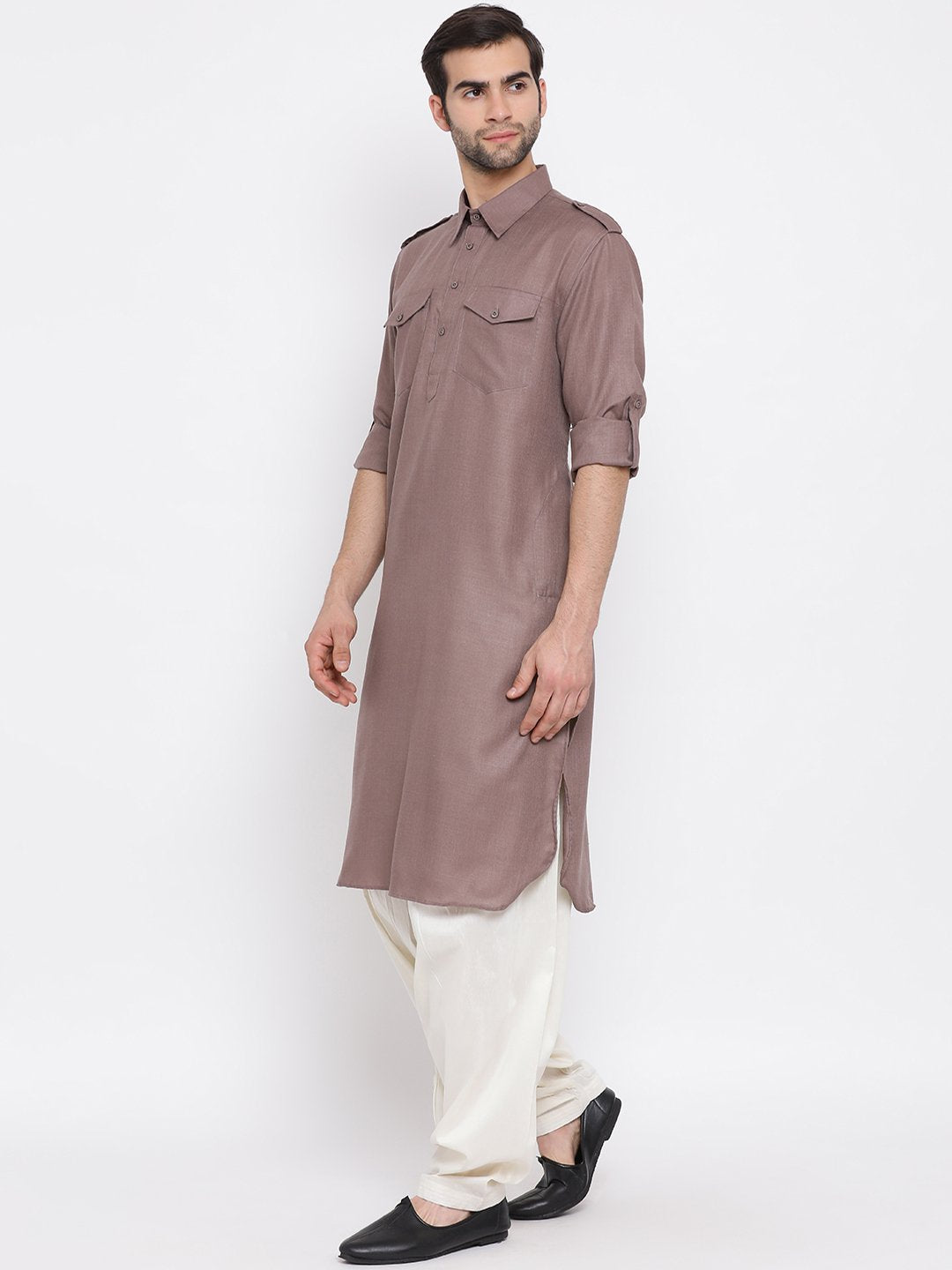Men's Grey Cotton Blend Pathani Suit Set - Vastramay