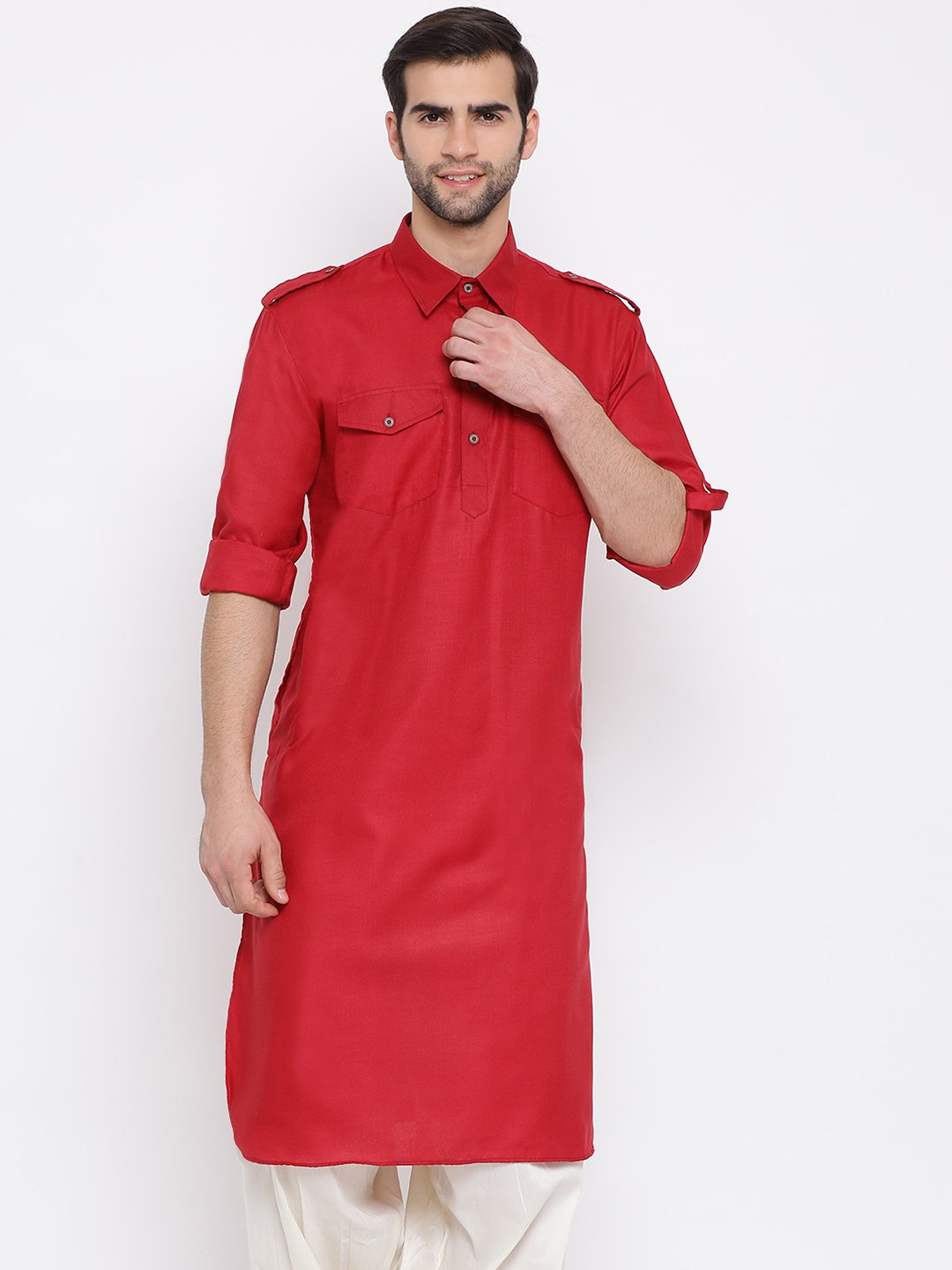 Men's Maroon Cotton Blend Pathani Style Kurta - Vastramay
