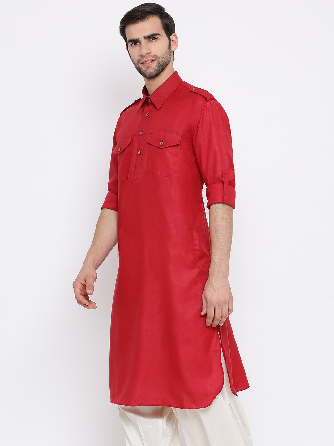 Men's Maroon Cotton Blend Pathani Style Kurta - Vastramay