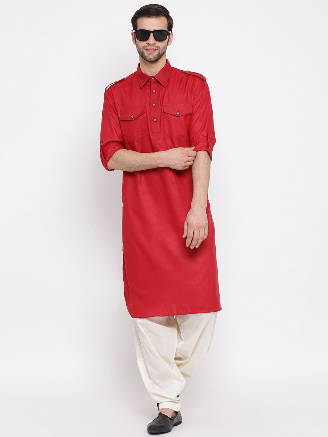 Men's Maroon Cotton Blend Pathani Suit Set - Vastramay