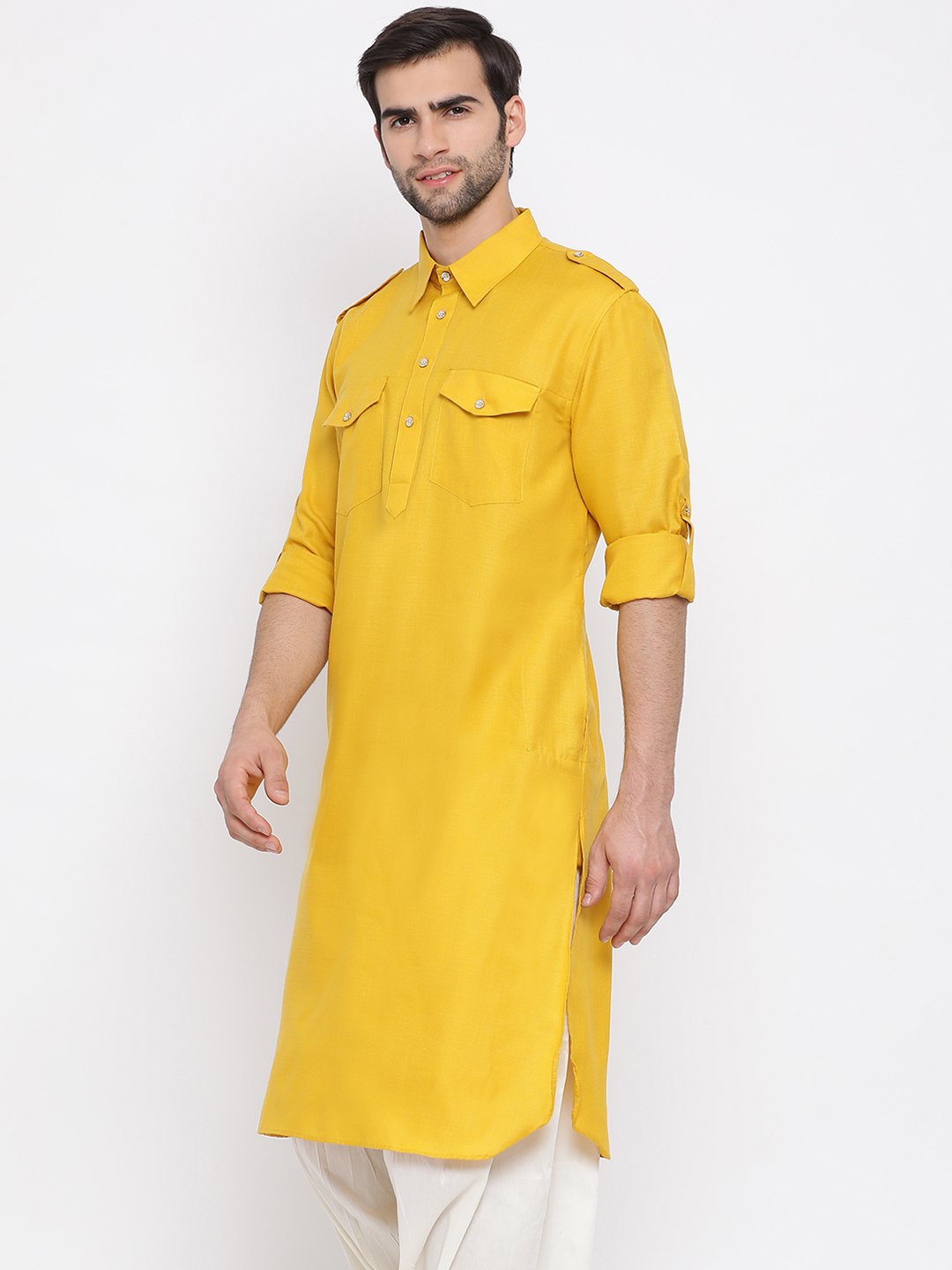 Men's Mustard Cotton Blend Pathani Style Kurta - Vastramay