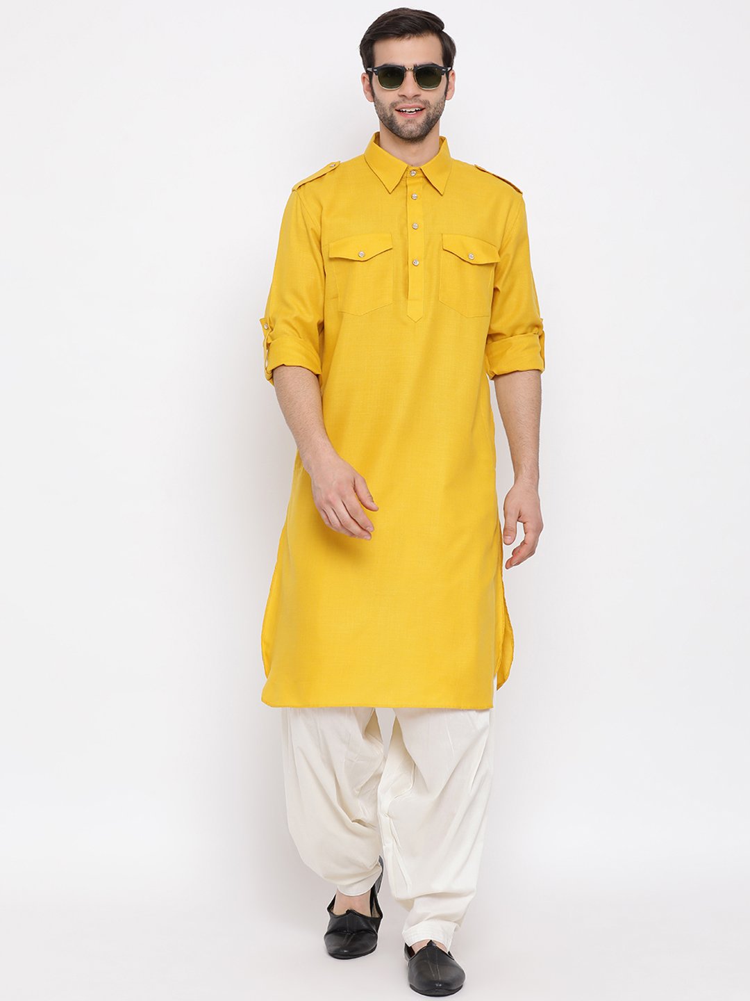 Men's Mustard Cotton Blend Pathani Suit Set - Vastramay
