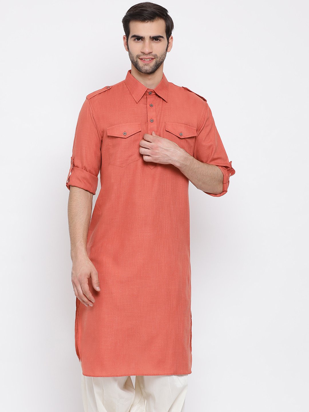 Men's Pink Cotton Blend Pathani Style Kurta - Vastramay