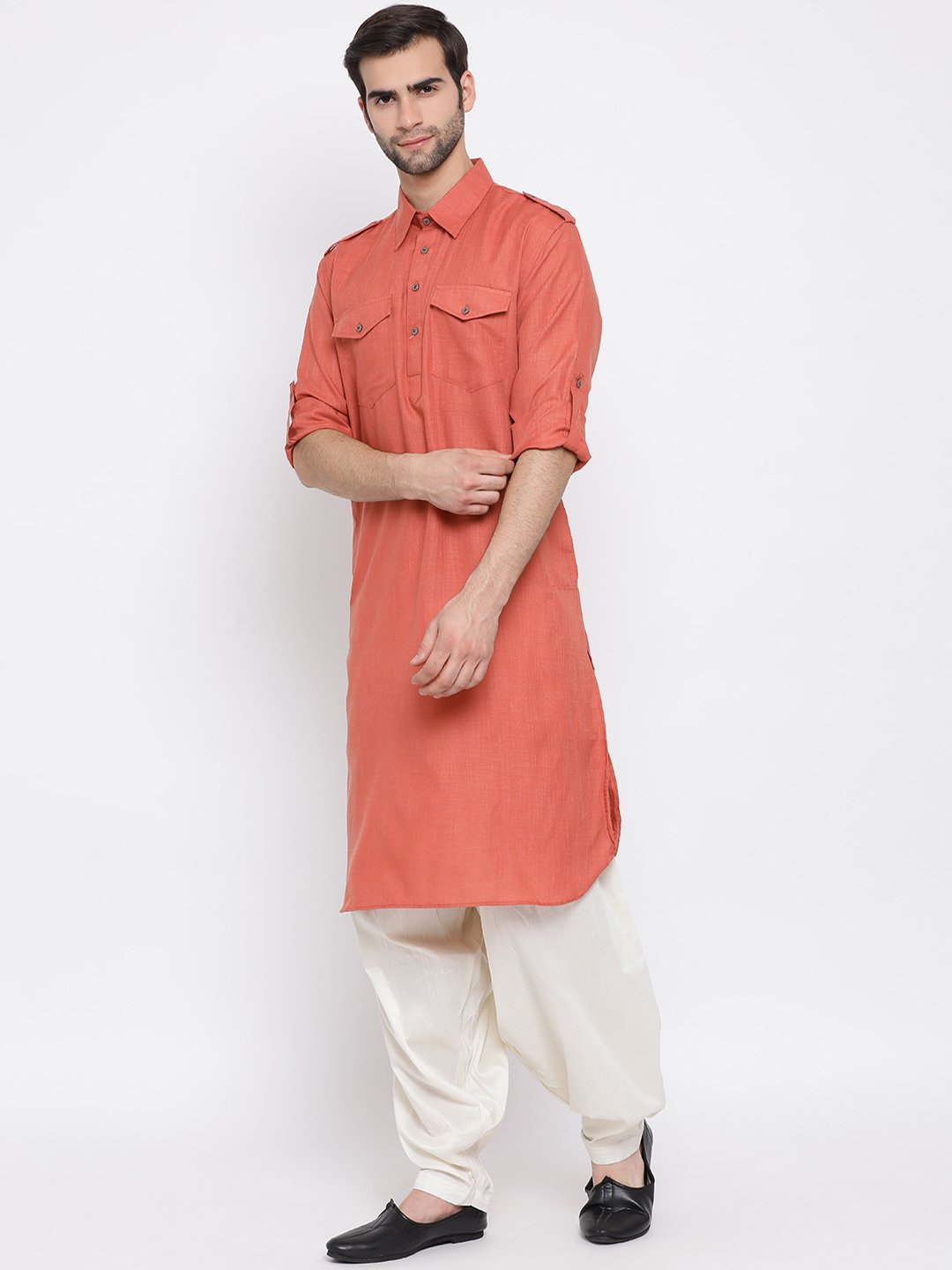 Men's Pink Cotton Blend Pathani Suit Set - Vastramay
