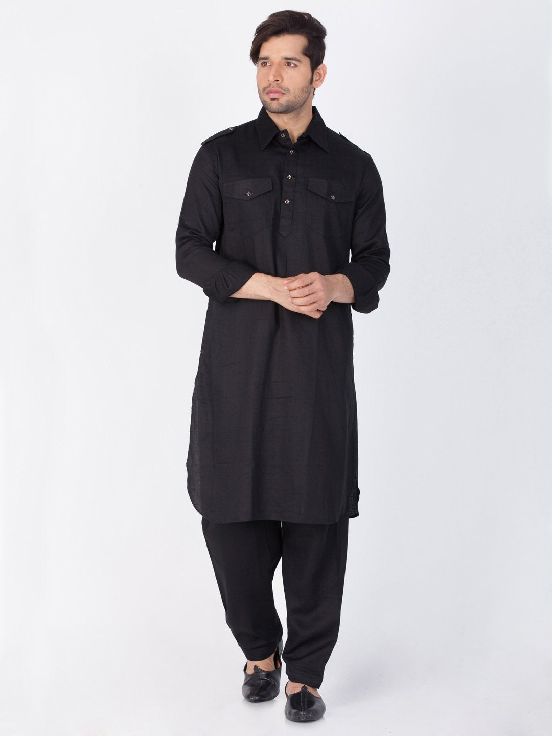 Men's Black Cotton Pathani Suit Set