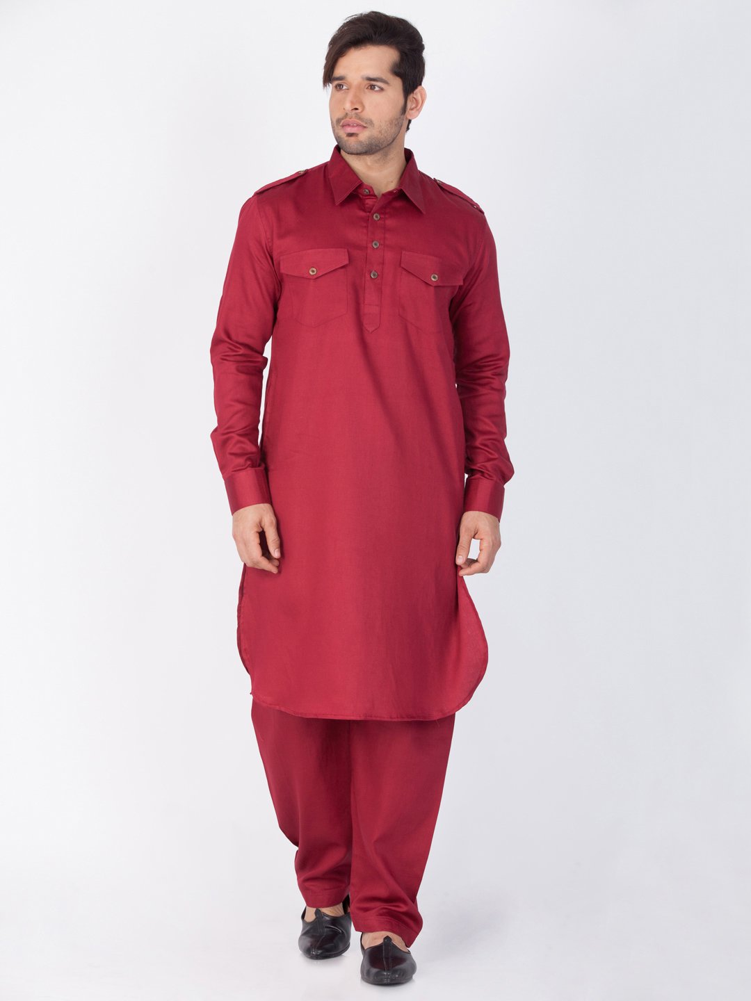 Men's Maroon Cotton Pathani Suit Set