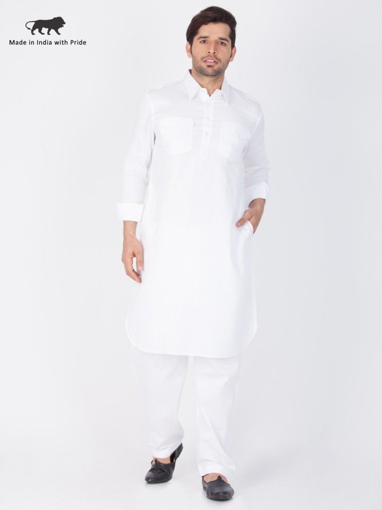 Introduce a sober look with this white pathani suit