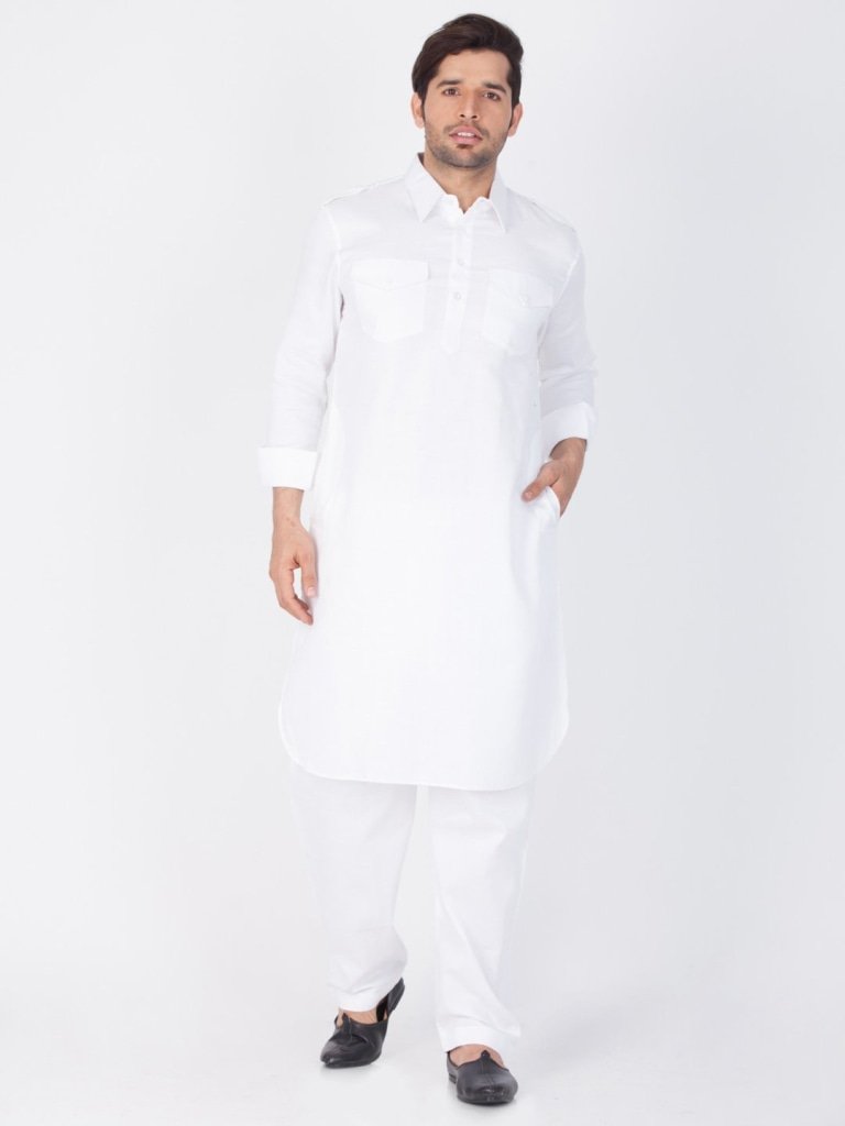 Introduce a sober look with this white pathani suit