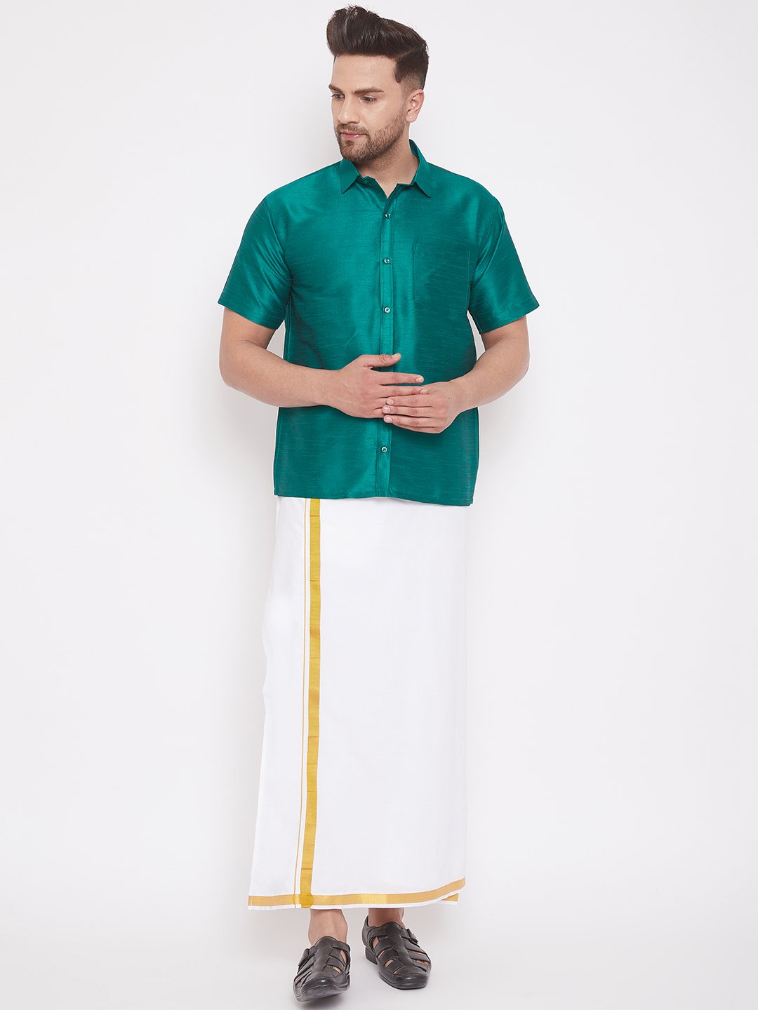 Men's Green Cotton Silk Blend Ethnic Shirt - Vastramay