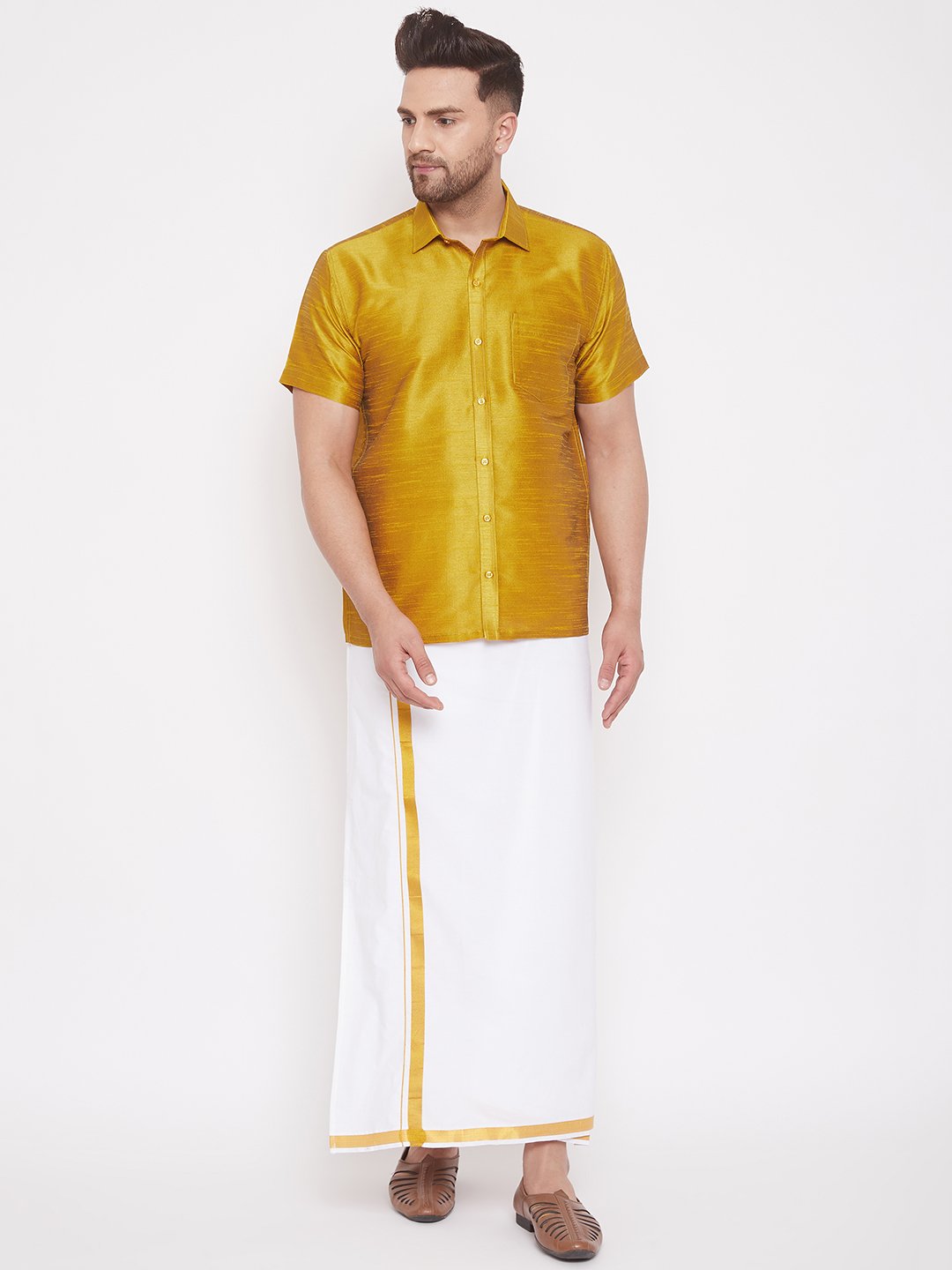 Men's Yellow Cotton Silk Blend Ethnic Shirt - Vastramay