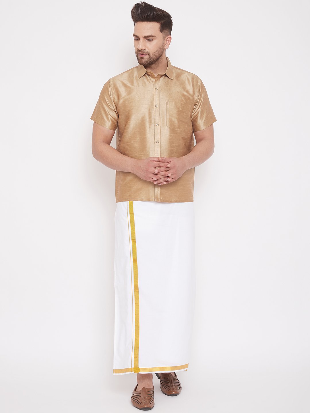 Men's Gold Cotton Silk Blend Ethnic Shirt - Vastramay