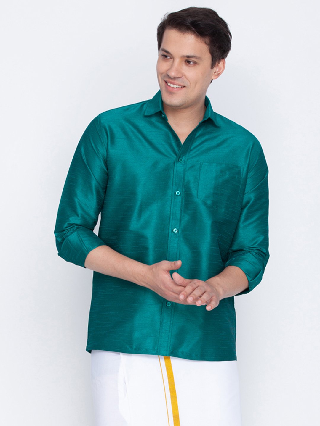 Men's Green Cotton Silk Blend Ethnic Shirt