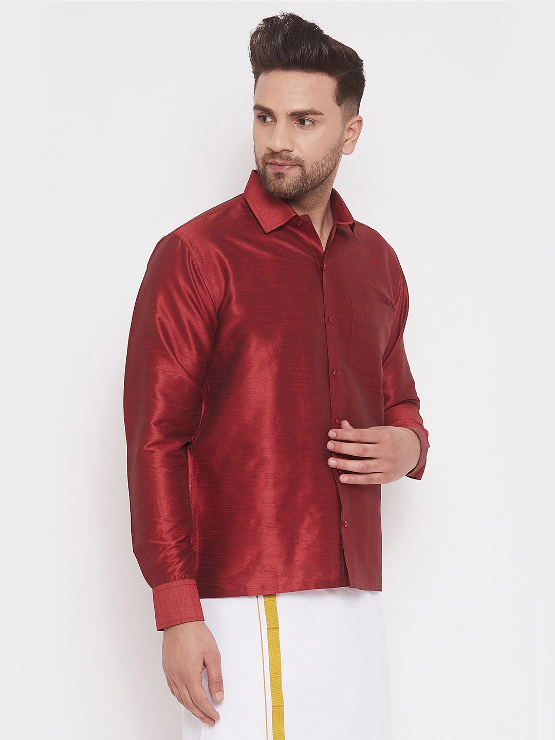 Men's Maroon Cotton Silk Blend Ethnic Shirt - Vastramay
